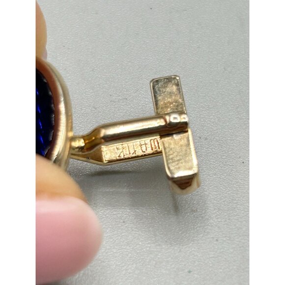 Vintage Swank Cufflinks Gold Tone Blue Textured Sides Mid Century Modern Design - Picture 4 of 8